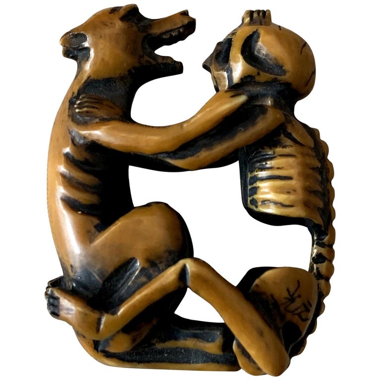 Japanese Netsuke Skeleton And Wolf Signed Koun Meiji Period At 1stdibs
