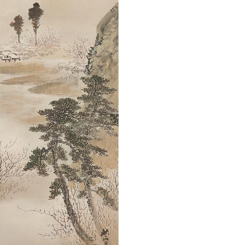 Soie Peinture japonaise Nihonga 1900 Rouleau Meiji/Taisho  Shûseki, paysage d'Okutani en vente