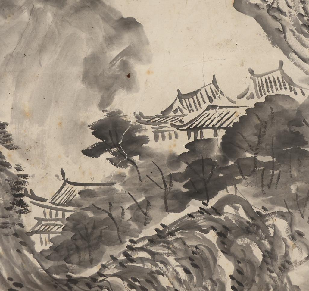 19th Century Japanese Nihonga Painting 19th c Edo Scroll by Tonomura Chokunyu River landscape For Sale