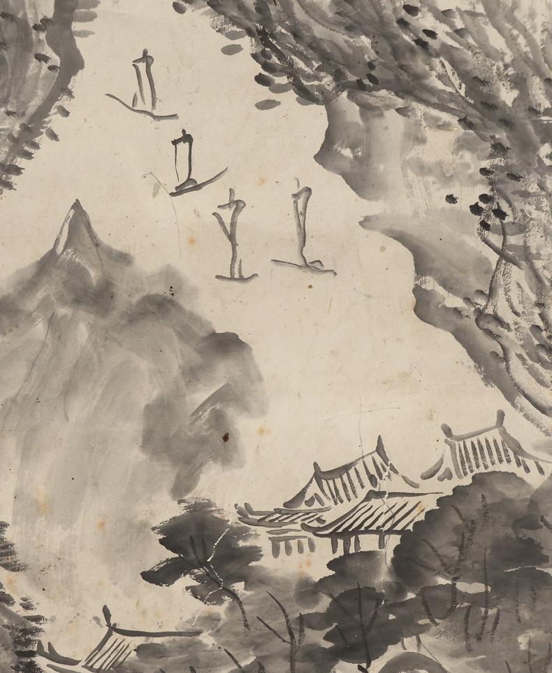 Silk Japanese Nihonga Painting 19th c Edo Scroll by Tonomura Chokunyu River landscape For Sale