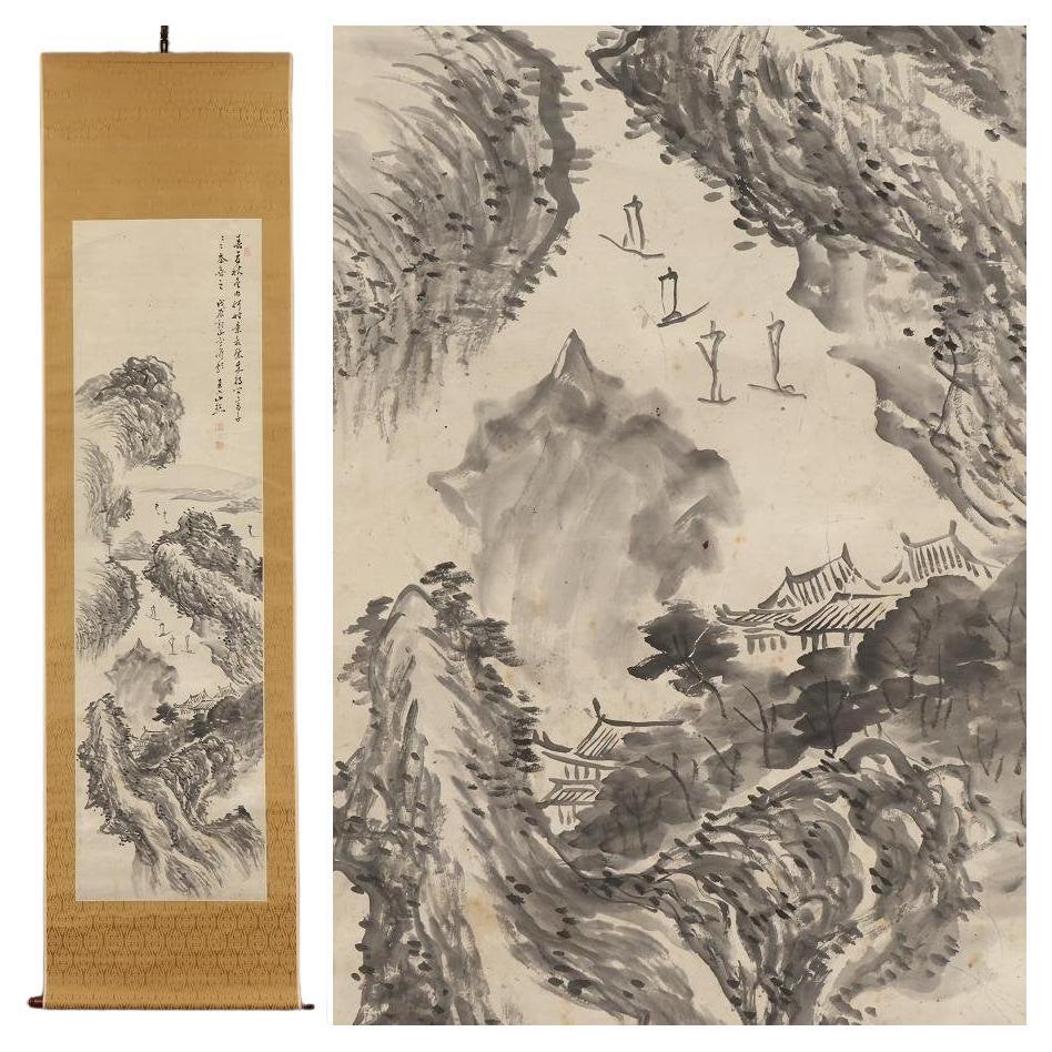 Japanese Nihonga Painting 19th c Edo Scroll by Tonomura Chokunyu River landscape For Sale