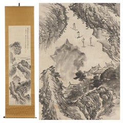 Antique Japanese Nihonga Painting 19th c Edo Scroll by Tonomura Chokunyu River landscape