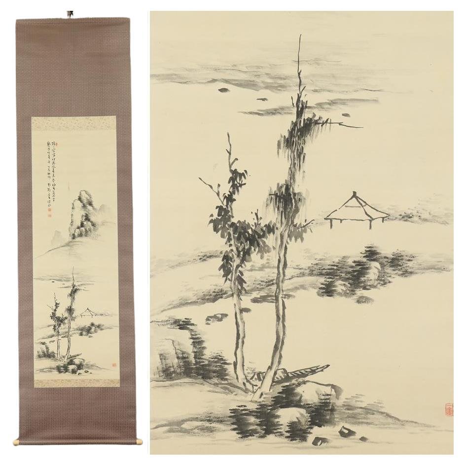 Japanese Nihonga Painting 19th Meiji Scroll Tajika Chikuson Landscape Nanga 