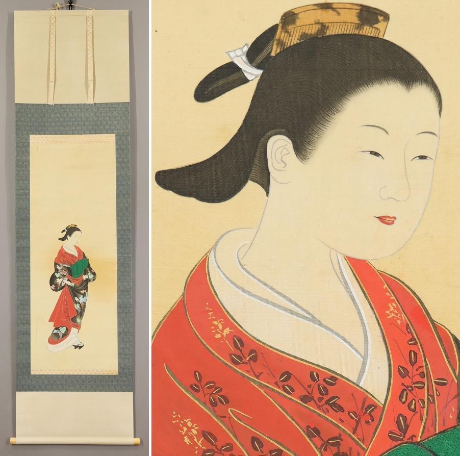 Silk Japanese Nihonga Painting 19th Meiji Scroll Ukiyo-E Beautifull Lady  For Sale