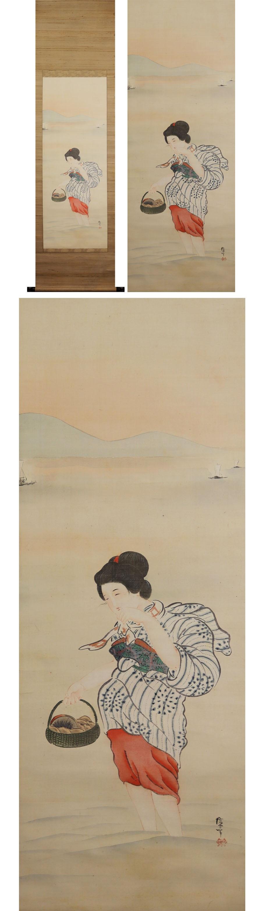 Edo Japanese Nihonga Painting 19th Meiji Scroll Ukiyo-E Lady picking Clams For Sale