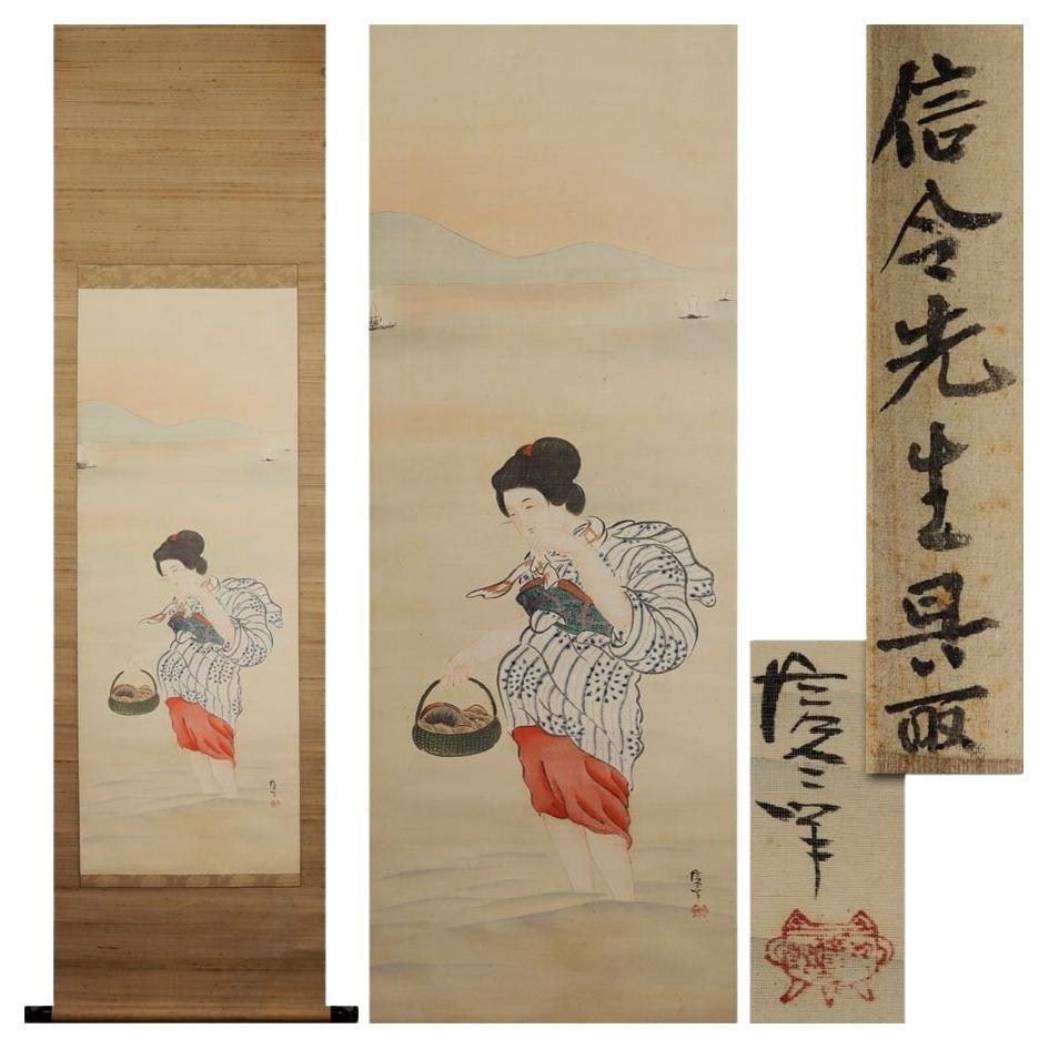 Peinture japonaise Nihonga 19e Meiji Scroll Ukiyo-E Lady picking Clams 