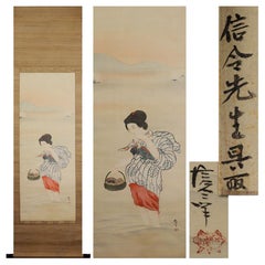 Pintura Nihonga Japonesa 19º Pergamino Meiji Ukiyo-E Dama cogiendo almejas