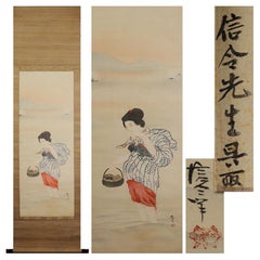 Antique Japanese Nihonga Painting 19th Meiji Scroll Ukiyo-E Lady picking Clams 