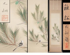 Japanese Nihonga Painting 20th Showa/Taisho Scroll Pine Tree and Bird