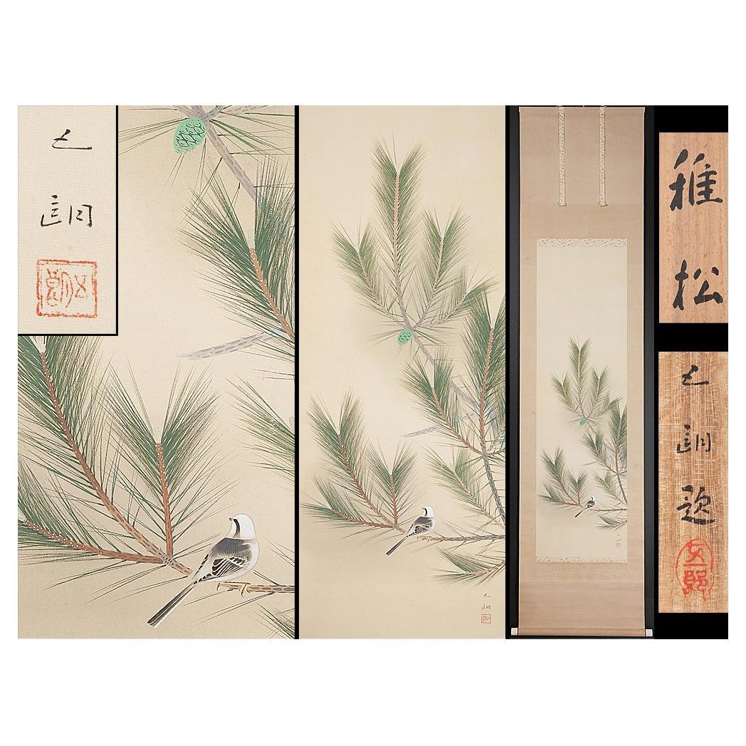 Japanese Nihonga Painting 20th Showa/Taisho Scroll Pine Tree and Bird