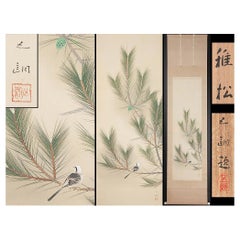 Vintage Japanese Nihonga Painting 20th Showa/Taisho Scroll Pine Tree and Bird