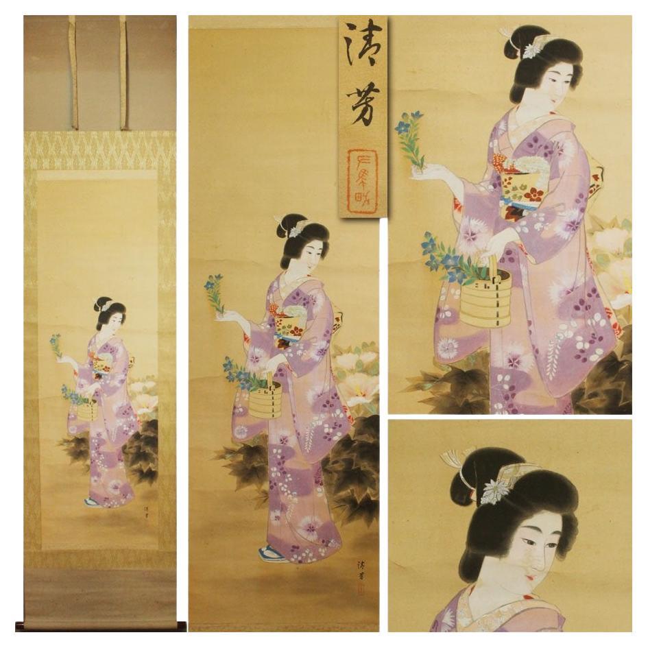 Peinture japonaise Nihonga 20e Showa/Taisho Scroll Ukiyo-E Beautifull Lady 