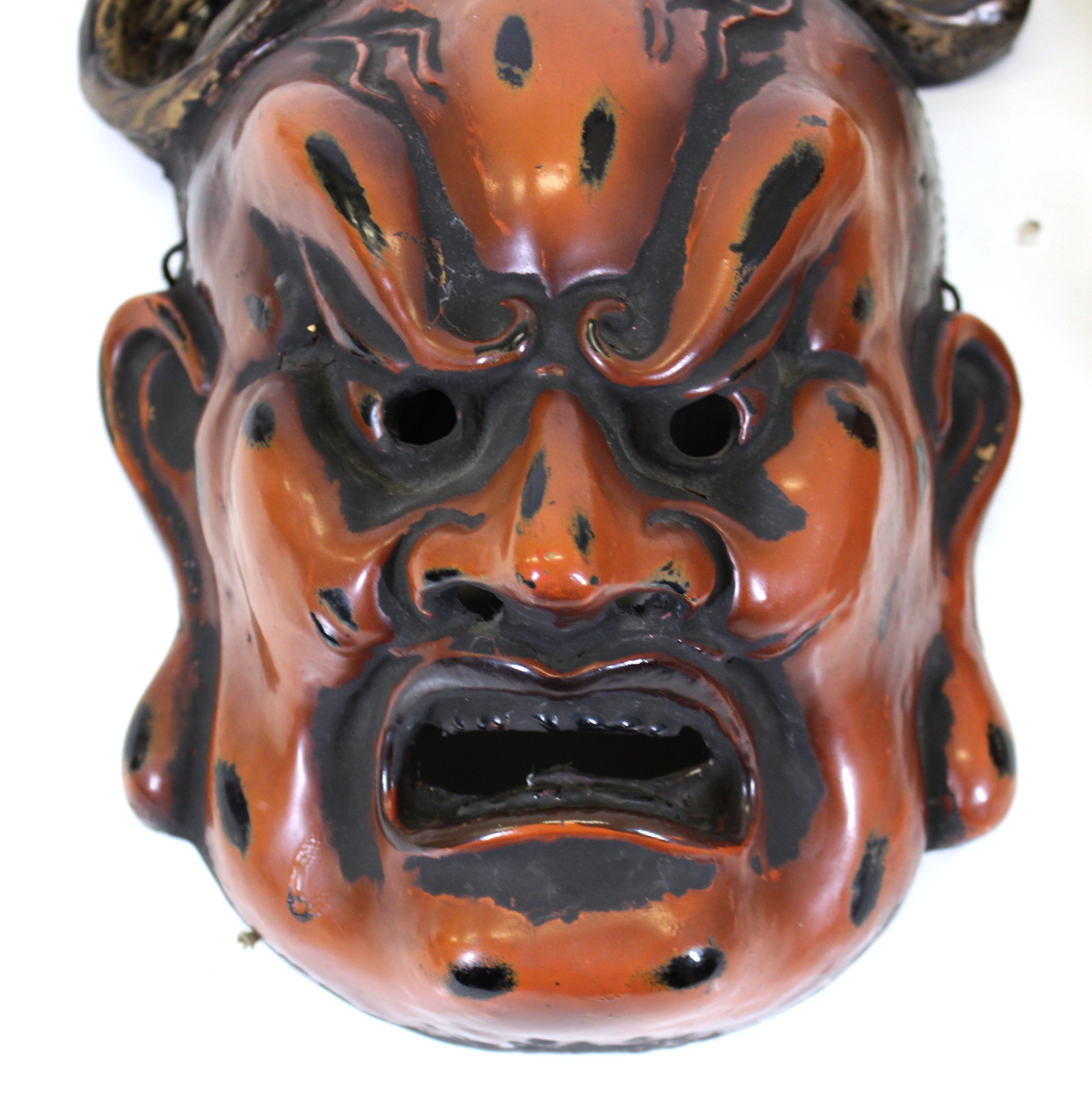 Lacquered Japanese Nio Buddhist Temple Guardian Masks in Carved lacquered Wood For Sale