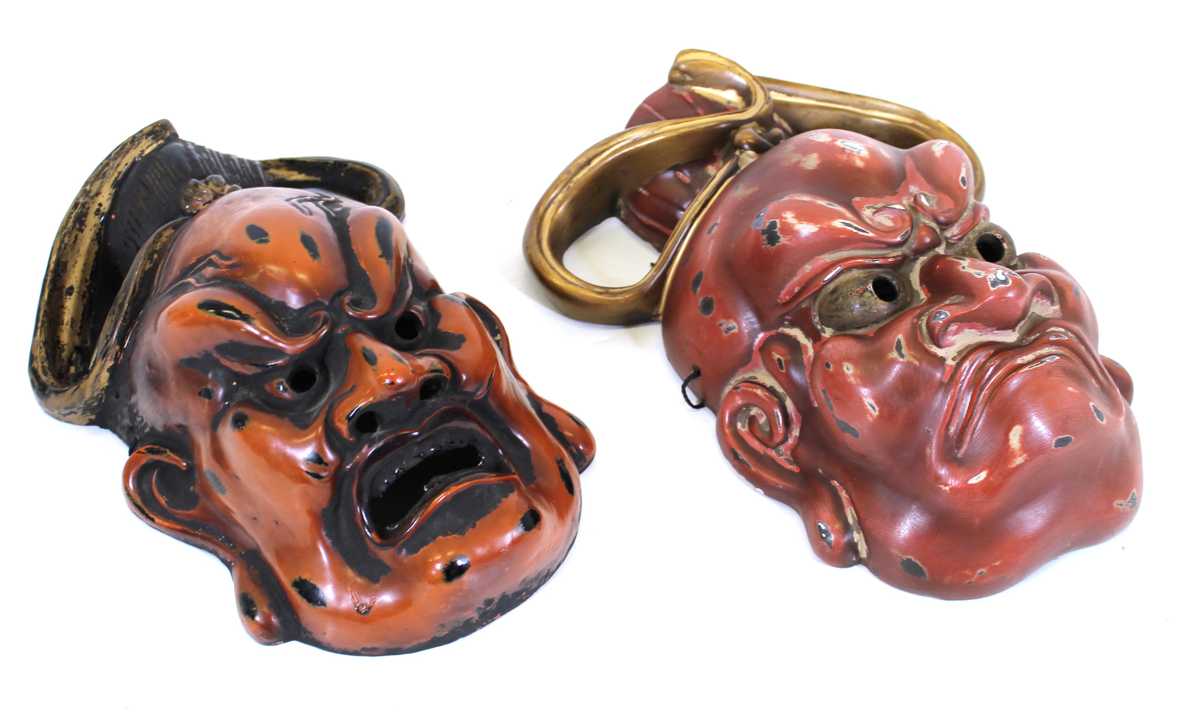 Early 20th Century Japanese Nio Buddhist Temple Guardian Masks in Carved lacquered Wood For Sale