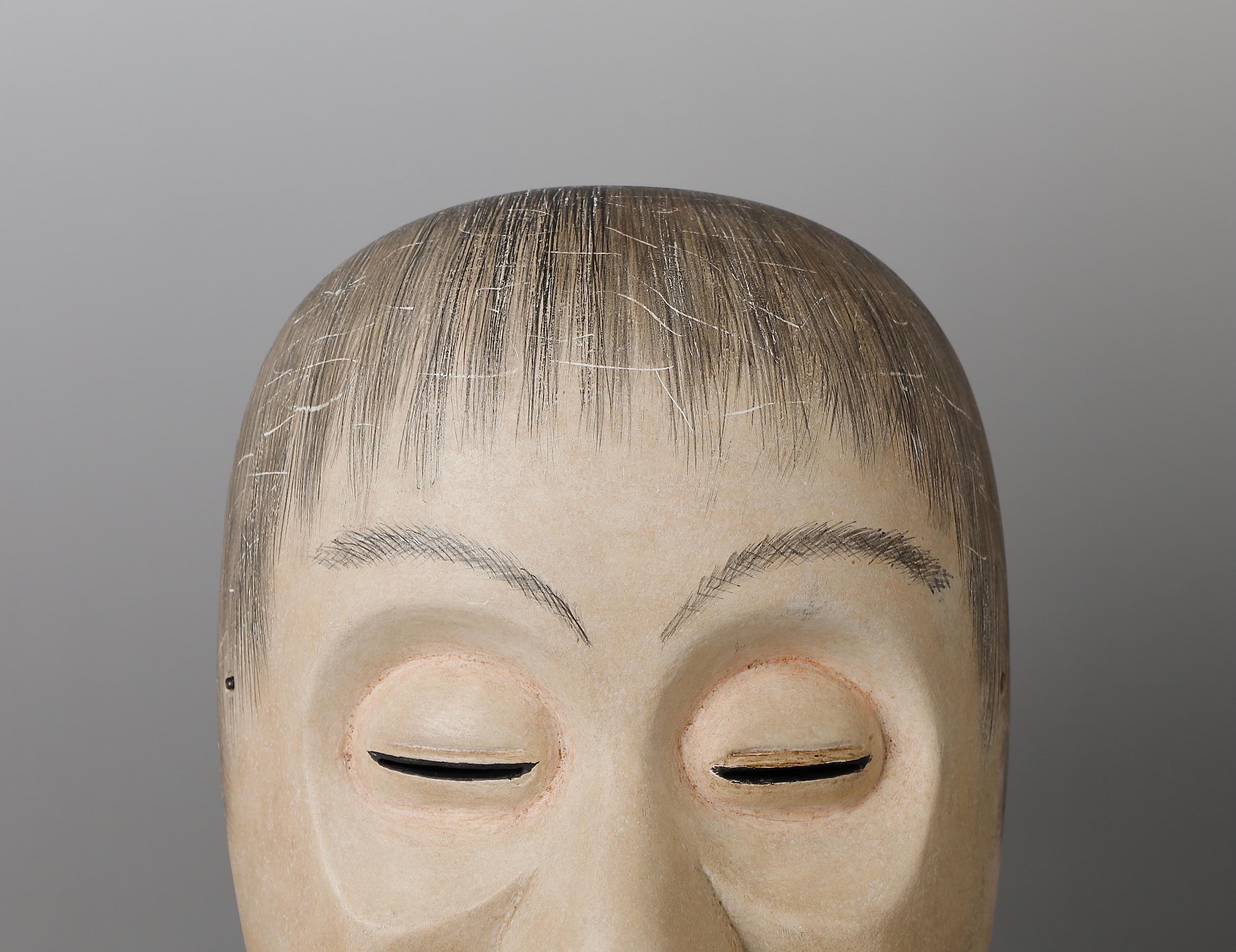 Carved Japanese Noh Mask Depicting Yoroboshi 'Blind Monk' Character Signed by Myori For Sale
