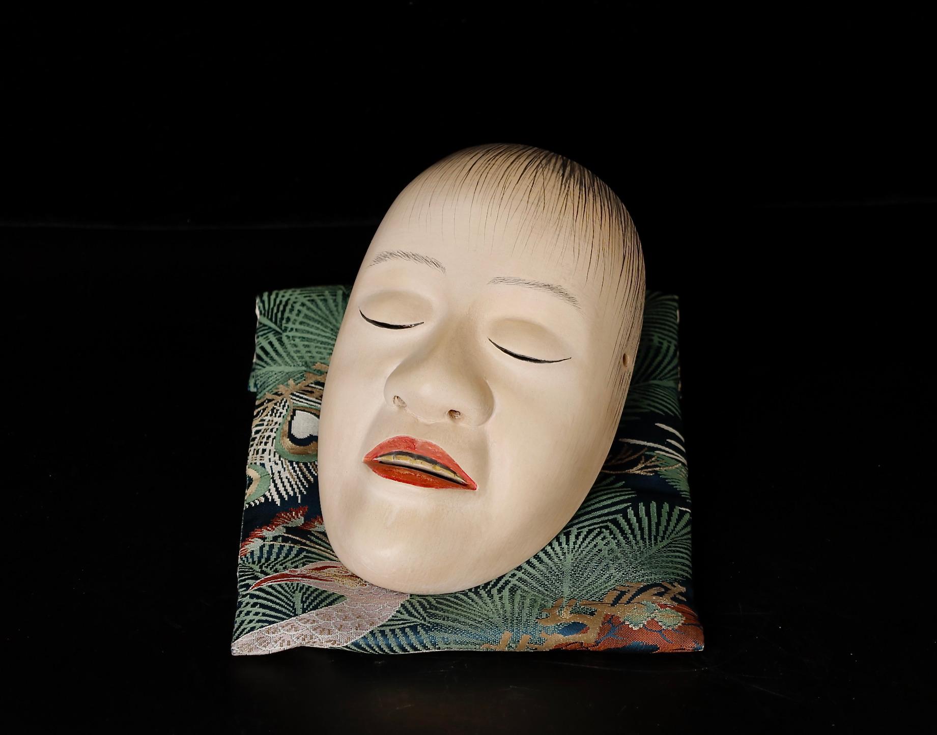 Japanese  signed  Noh Mask depicting ”Yoroboshi” character, who was disowned by his father, became blind with grief and tragically,
