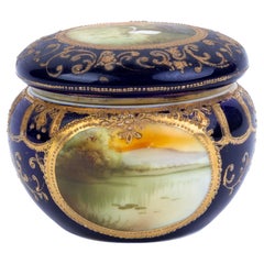 Boîte à couvercle en porcelaine fine japonaise Noritake Art déco Paysage de la rivière Swan
