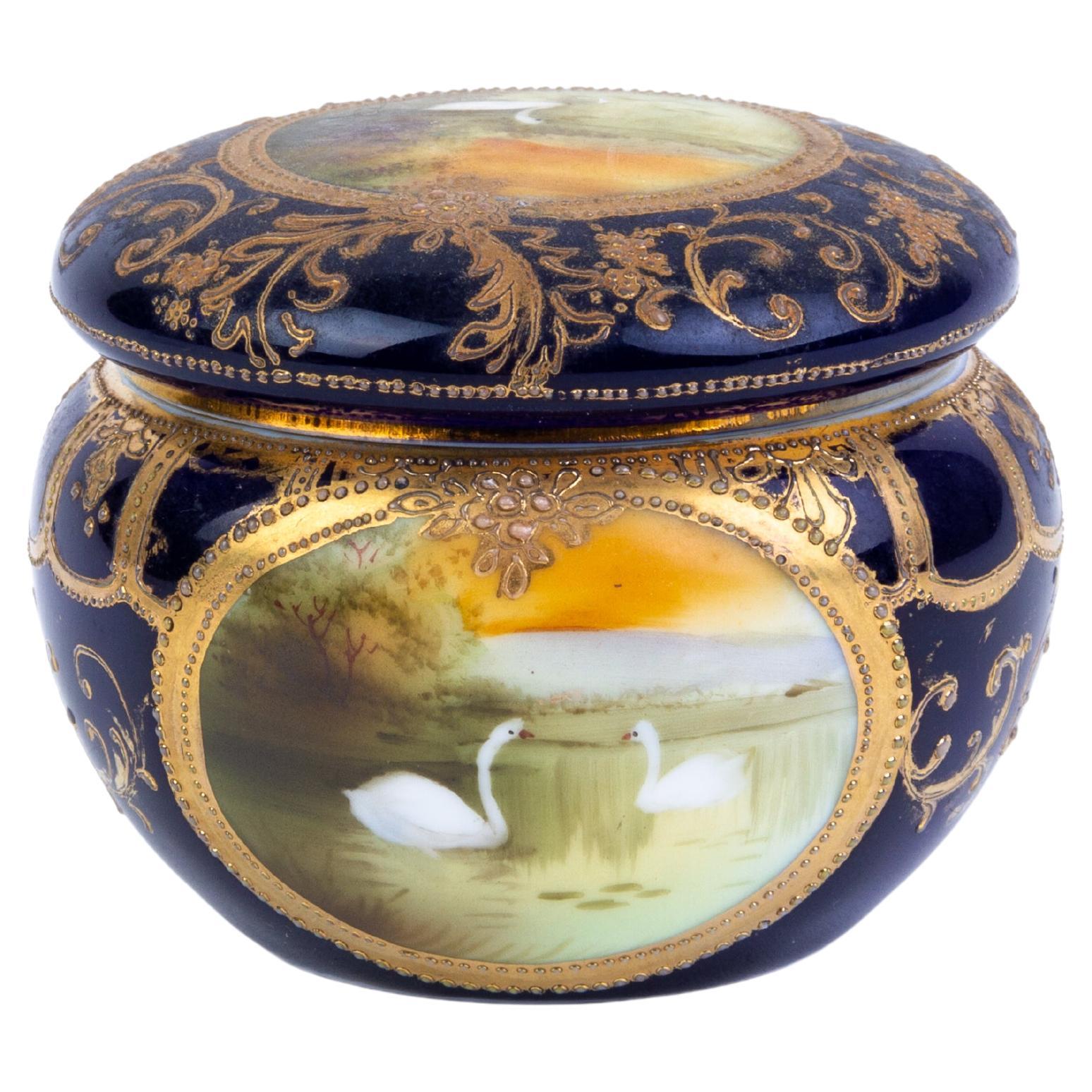 Japanese Noritake Fine Porcelain Art Deco Swan River Landscape Lidded Box For Sale