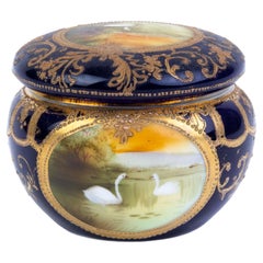 Vintage Japanese Noritake Fine Porcelain Art Deco Swan River Landscape Lidded Box