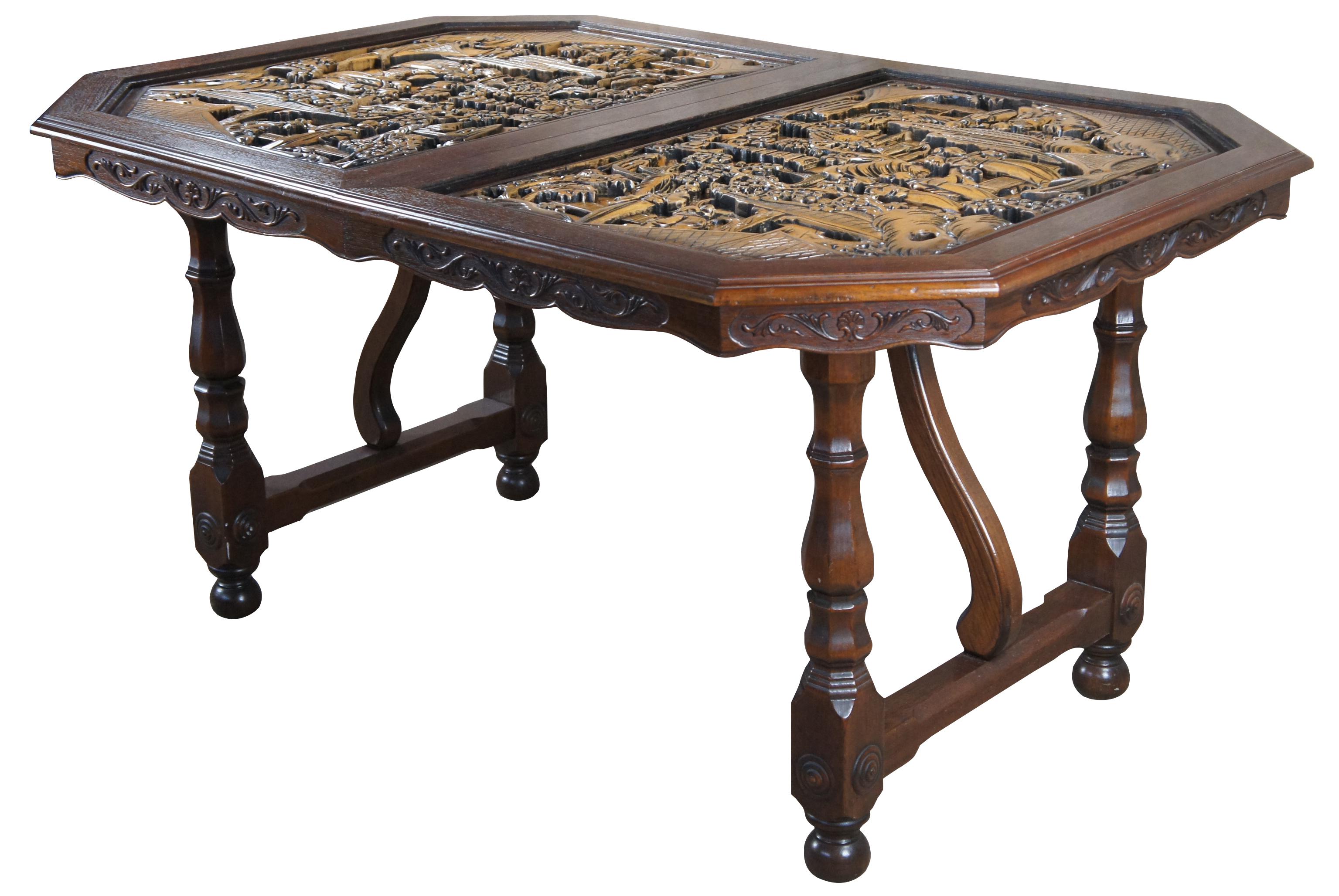An impressive oriental dining room set that made in Okinawa Japan, circa 1970s. Hand crafted from oak with high relief intricately carved village scenes with figures inset into the table top. Each section is protected by removable glass tops.