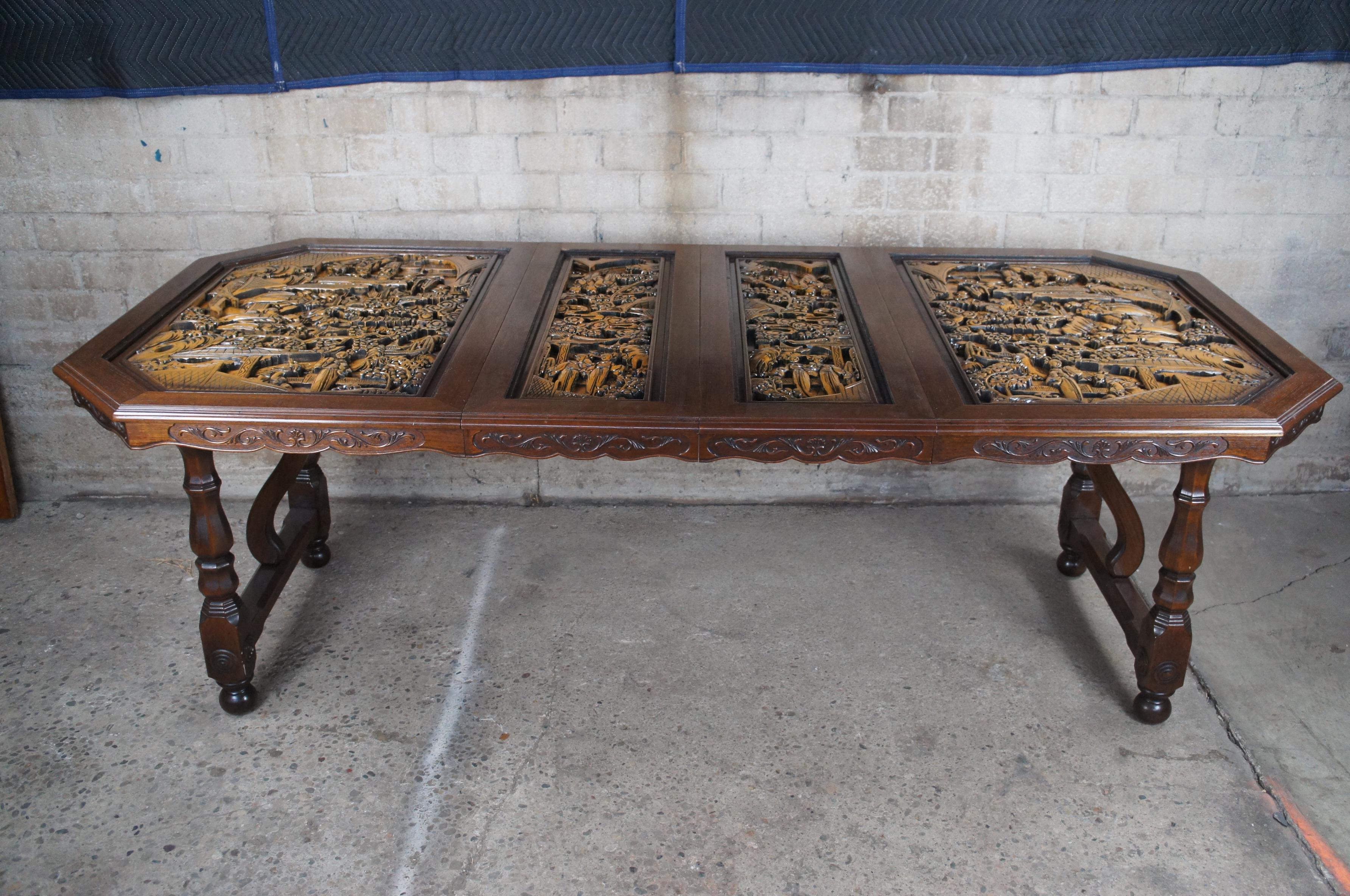 Japanese Oak High Relief Hand Carved Chinoiserie Extendable Dining Table In Good Condition In Dayton, OH