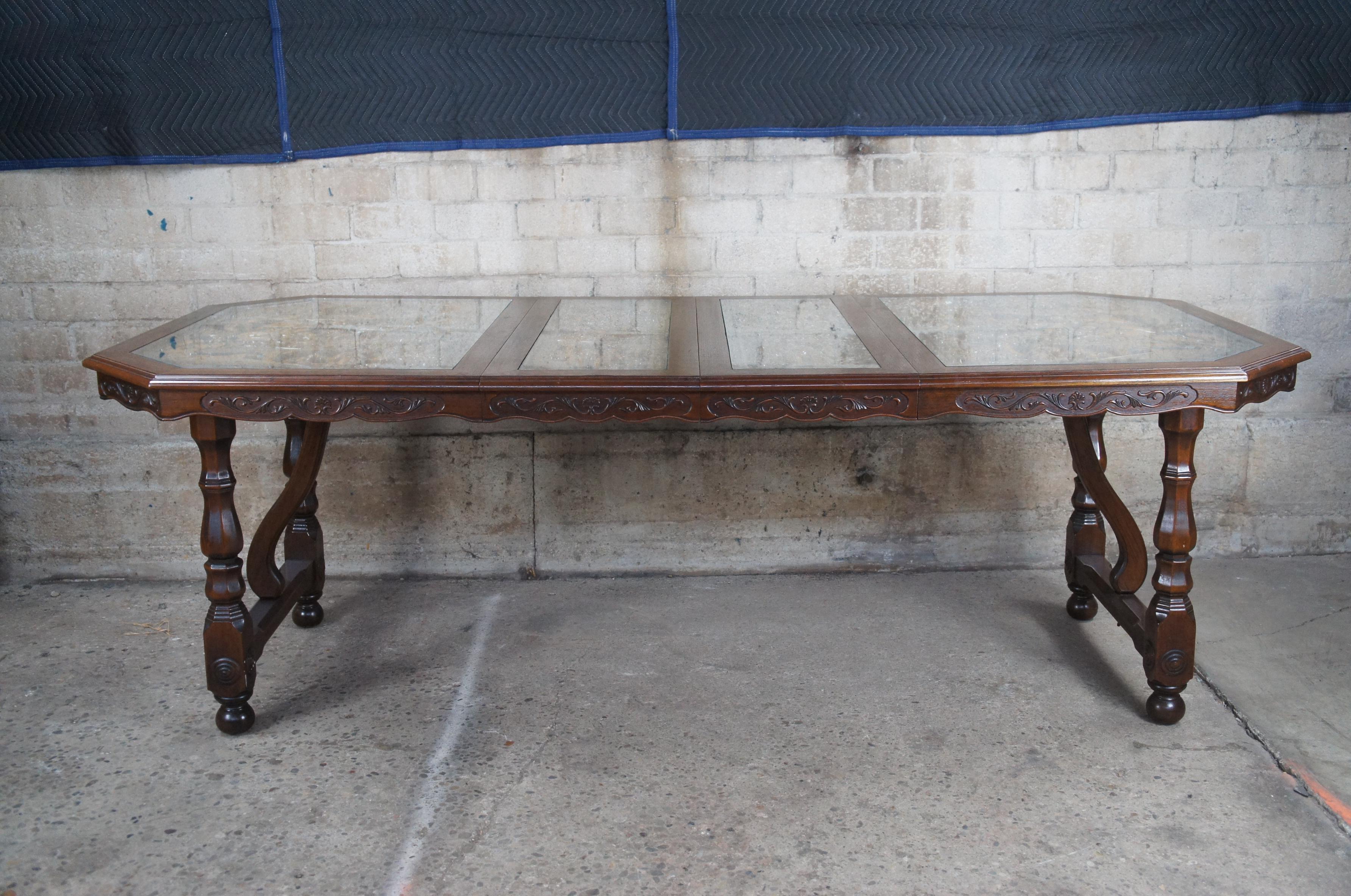 Glass Japanese Oak High Relief Hand Carved Chinoiserie Extendable Dining Table