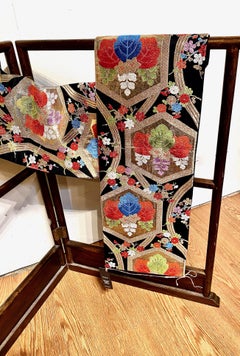 Vintage Japanese Obi Textile, Woven Floral Design, Silk, Circa 1970s