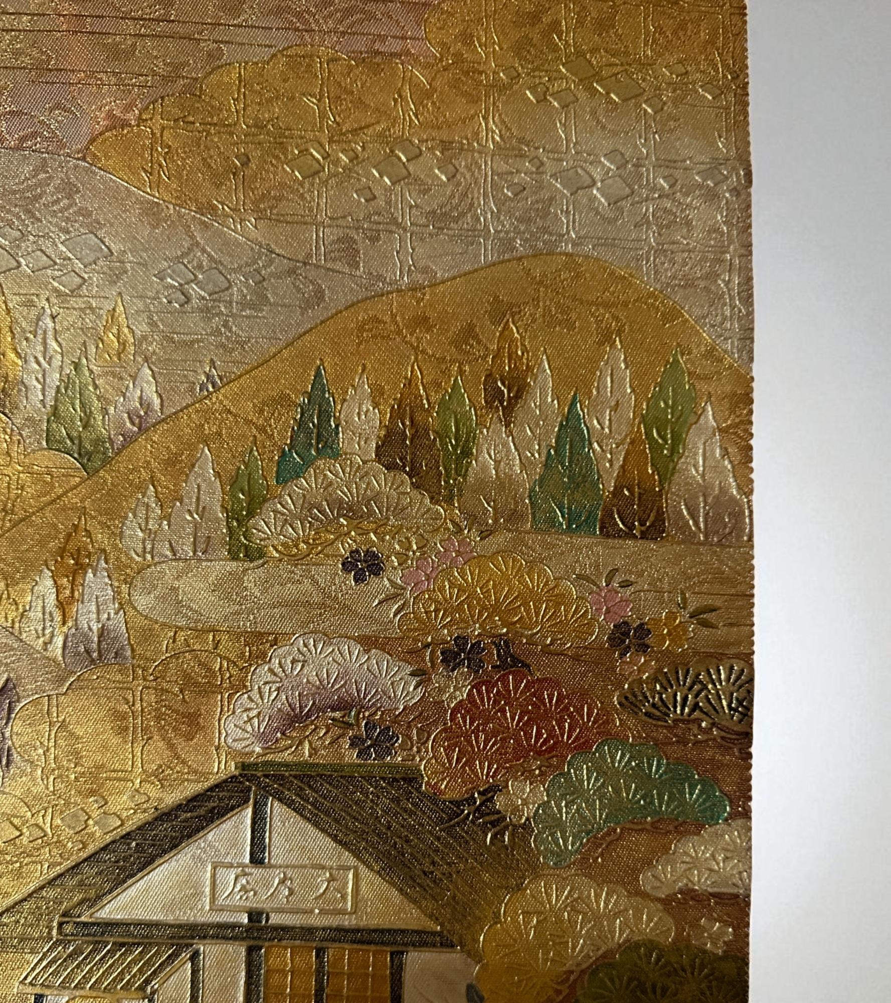 Obi japonais avec motif de paysage et de pavillon - décoration murale, chemin de table en vente 3