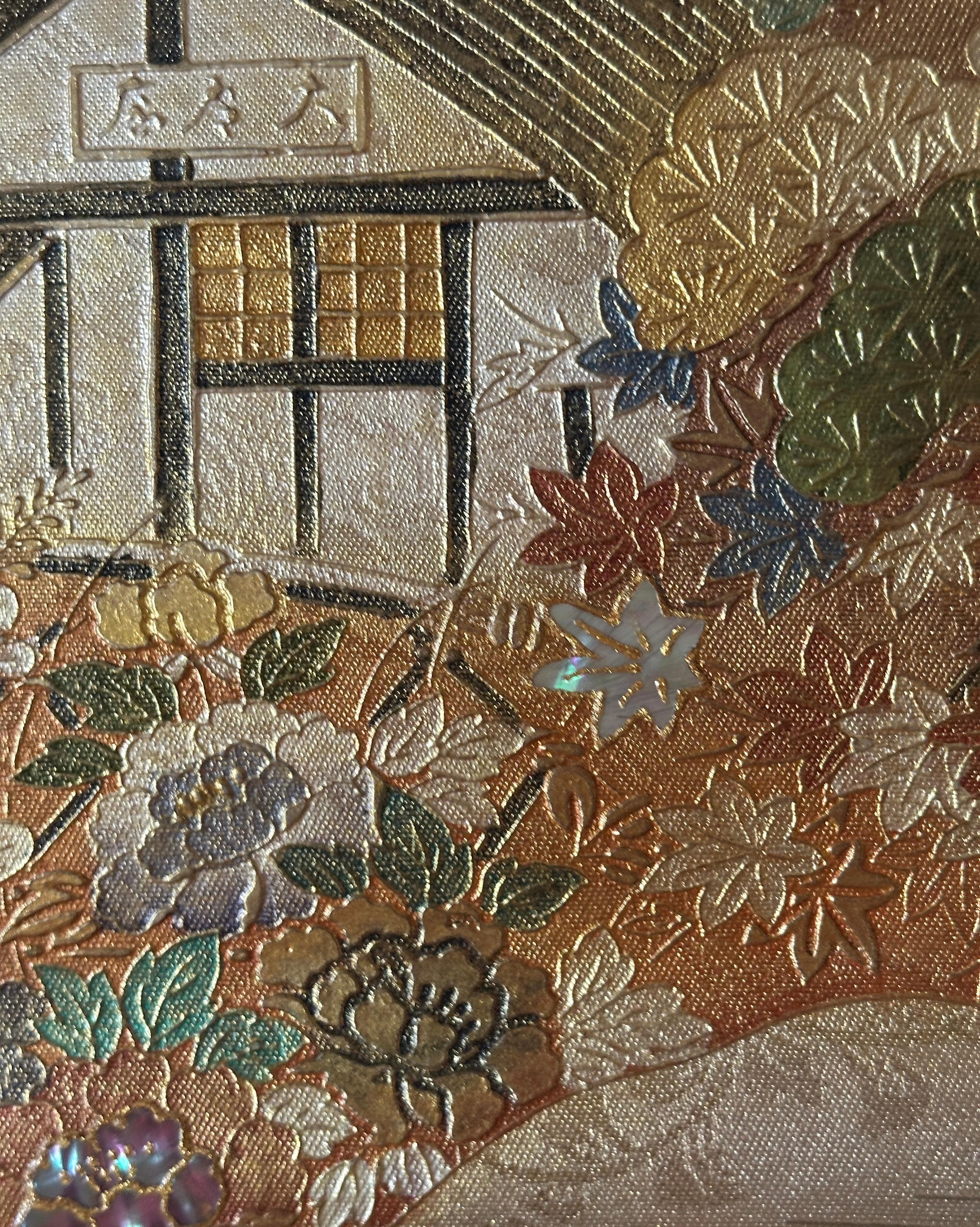 Obi japonais avec motif de paysage et de pavillon - décoration murale, chemin de table en vente 10