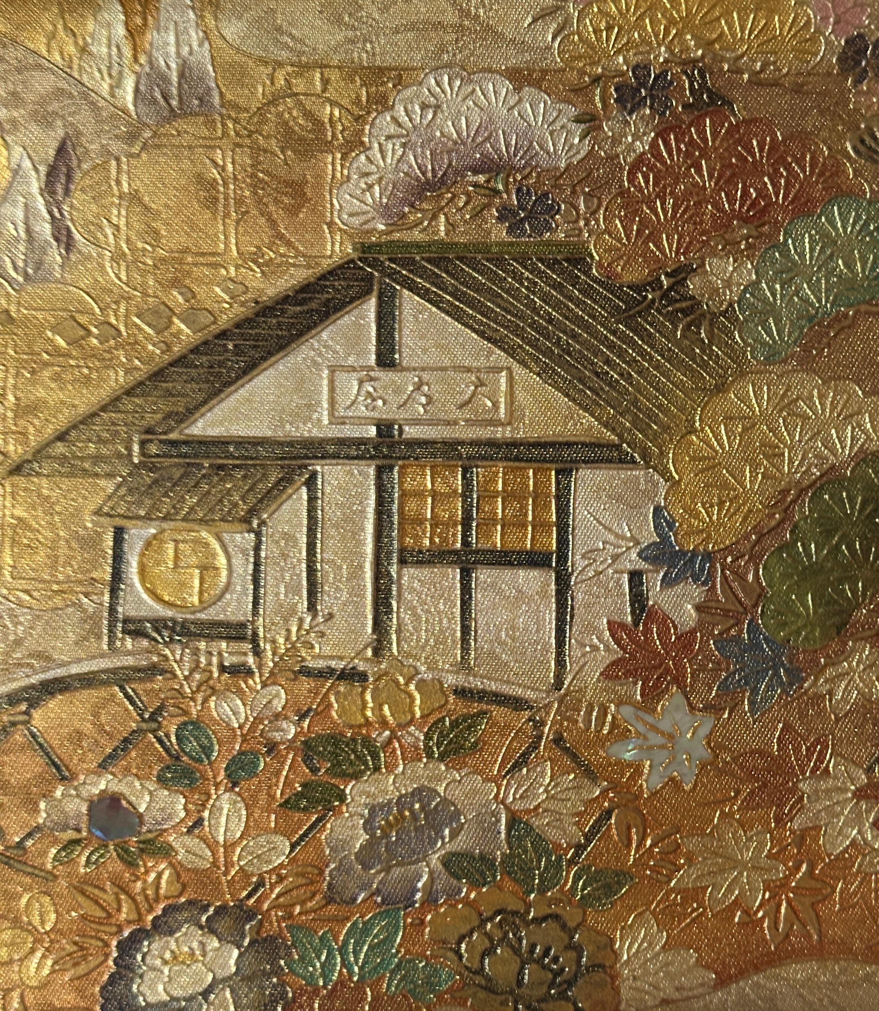 Obi japonais avec motif de paysage et de pavillon - décoration murale, chemin de table en vente 11