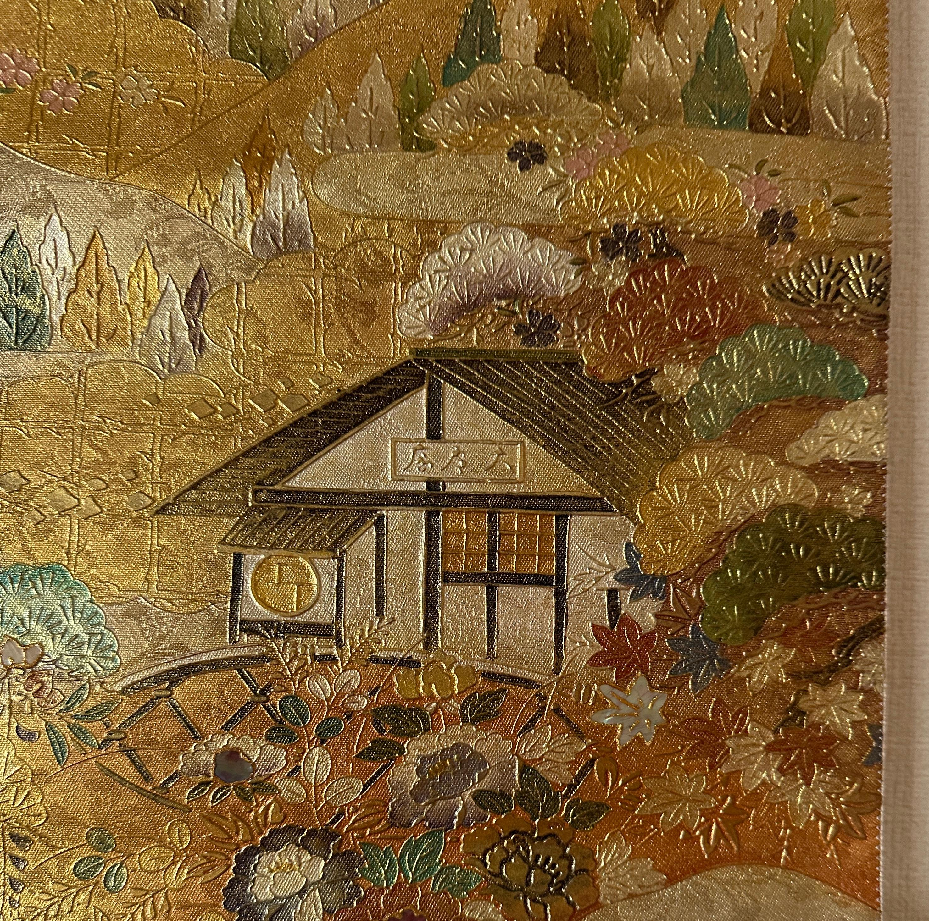 Obi japonais avec motif de paysage et de pavillon - décoration murale, chemin de table en vente 12