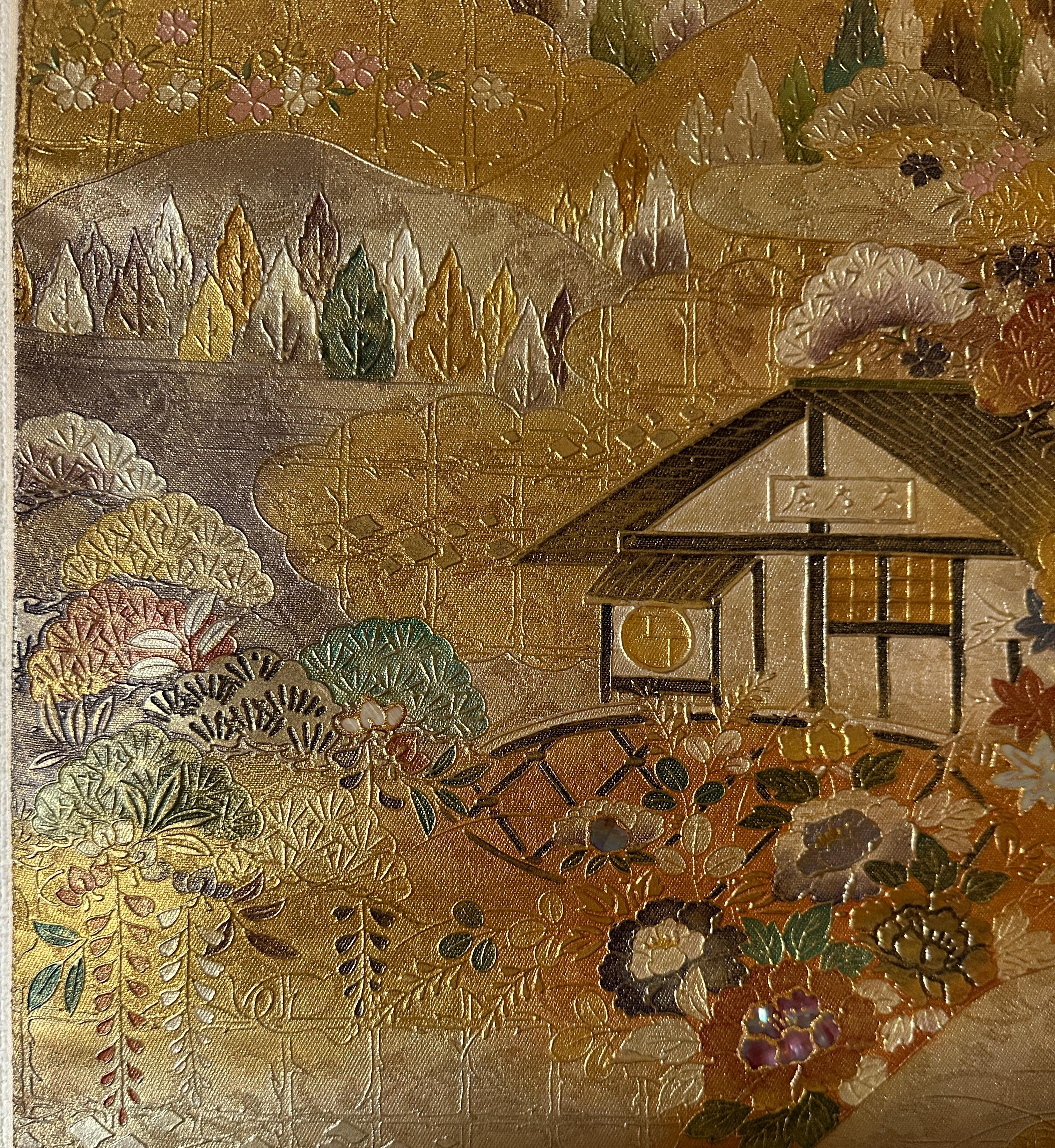 Obi japonais avec motif de paysage et de pavillon - décoration murale, chemin de table en vente 13