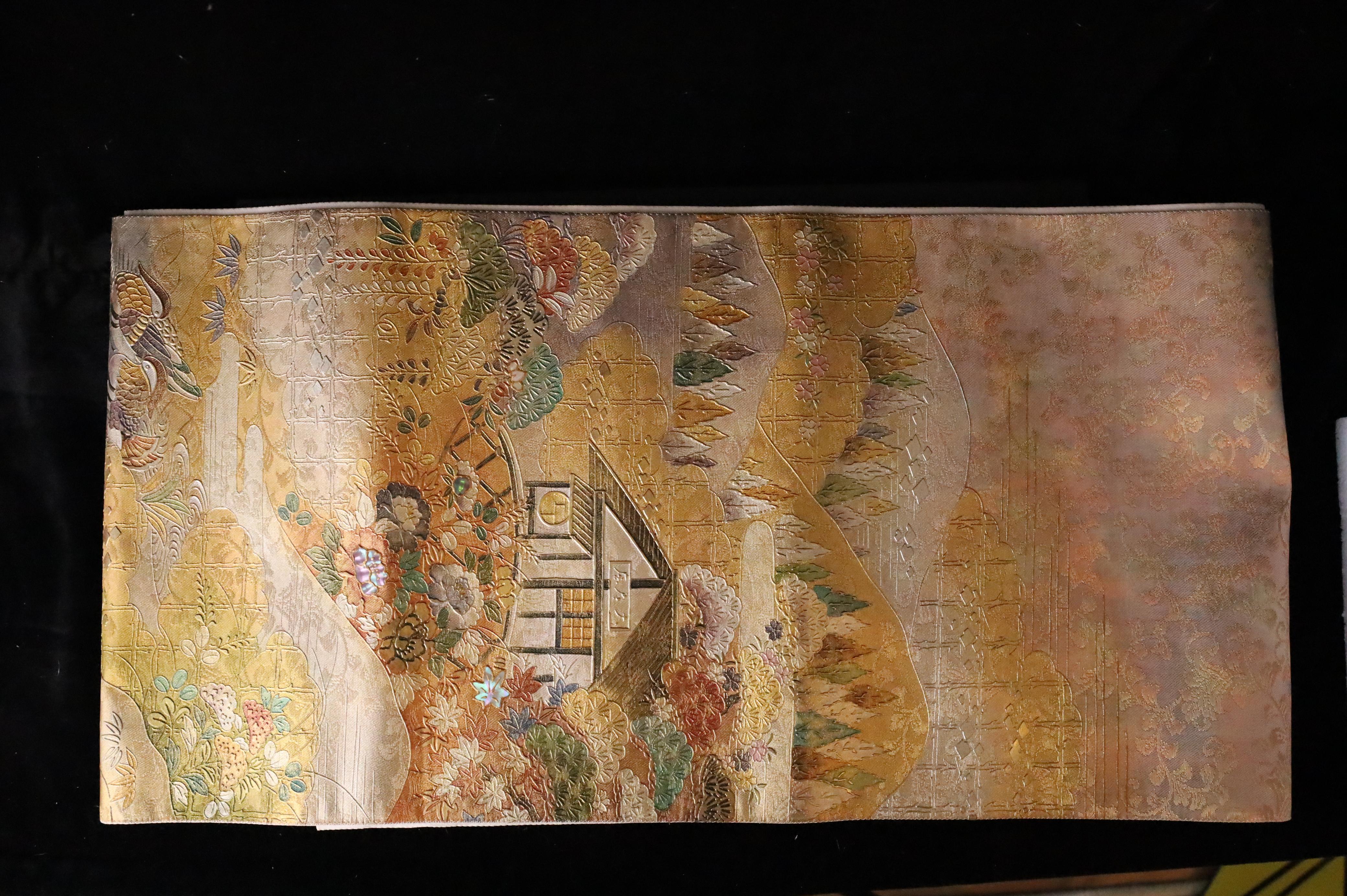 Showa Japanese Obi with Landscape and Pavilion Motif – wall decoration, table runner For Sale