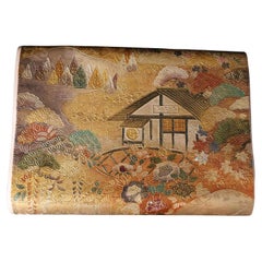 Obi japonais avec motif de paysage et de pavillon - décoration murale, chemin de table