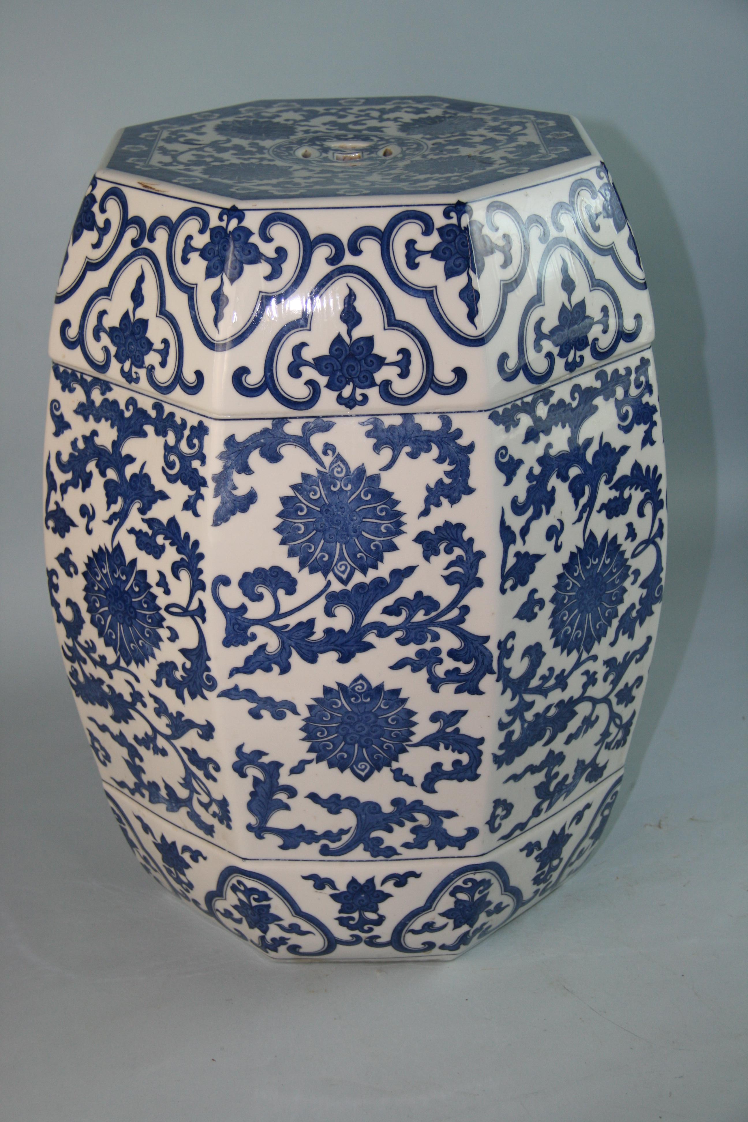 Mid-20th Century Japanese Octagonal Blue and White Ceramic Garden Table / Stool For Sale