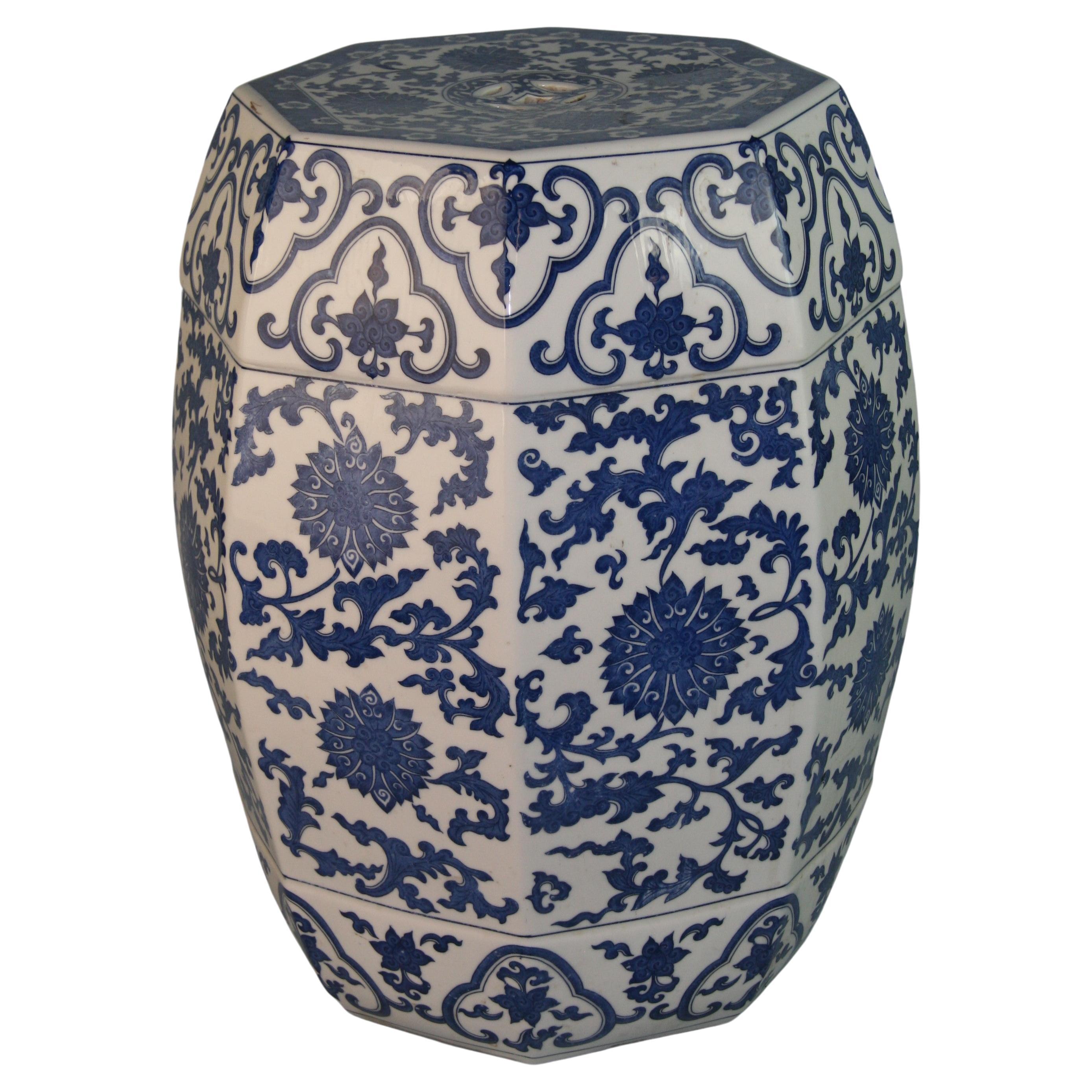 Japanese Octagonal Blue and White Ceramic Garden Table / Stool For Sale