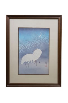 Gravures sur bois japonaises Ohara Koson Bécassines Hérons Oiseaux Roseaux 32"