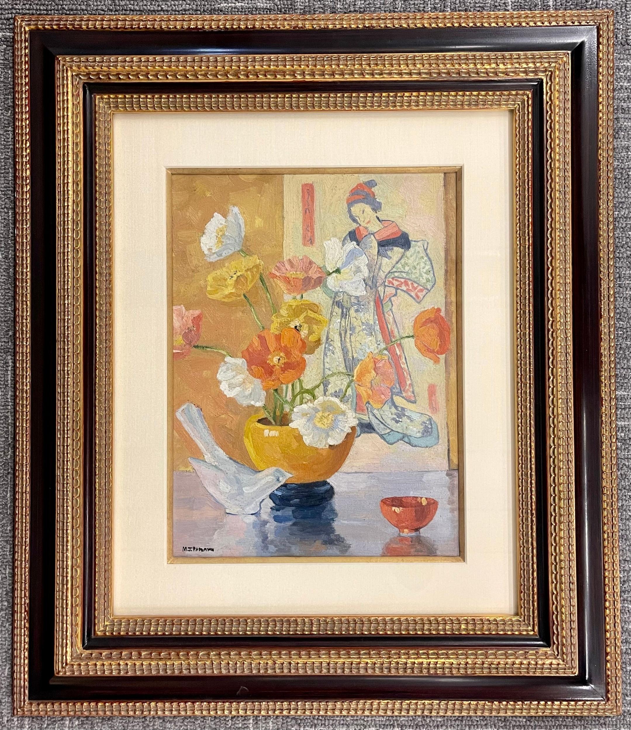 A finely painted oil on canvas signed lower right M J Patterson. Margaret Jordan Patterson (American, 1867-1950) Still life oil on canvas of a vase with flowers having a love bird on a tale with a Geisha girl painting in the background. The whole in