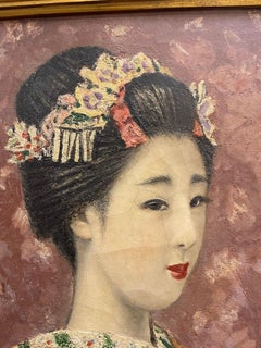 Peinture à l'huile japonaise représentant une jeune femme, par Yajima (1895-1973), datée de 1954