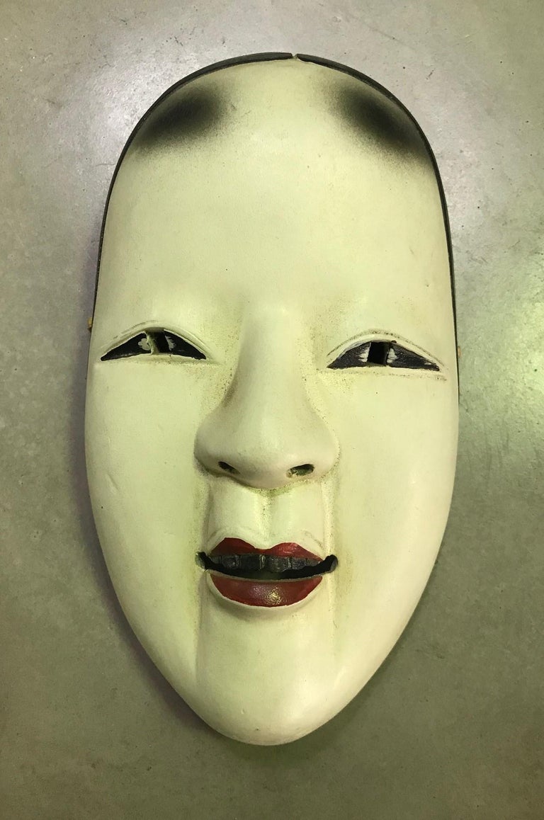 Japanese Okame KoOmote Wood Carved Noh Theater Mask For Sale at 1stDibs