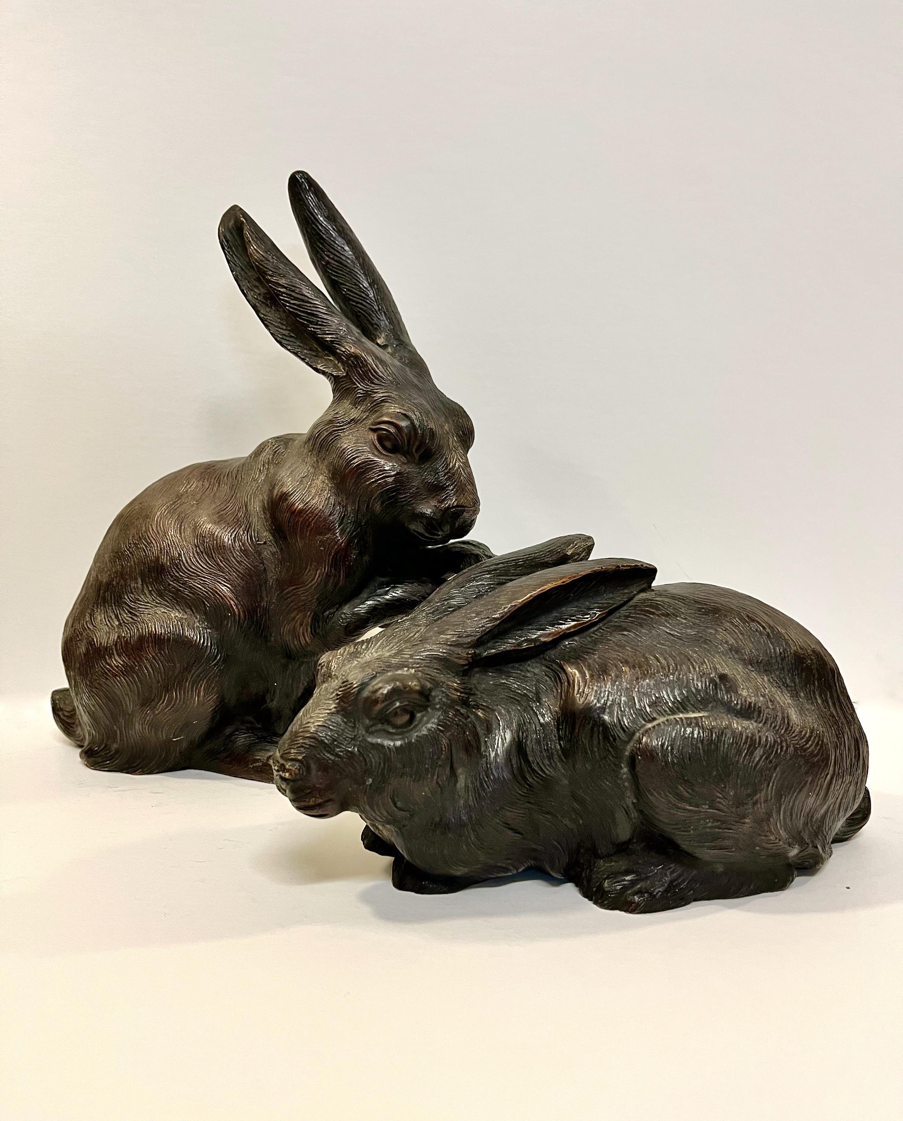 Bronze Japanese Okimo of Recumbent Rabbit