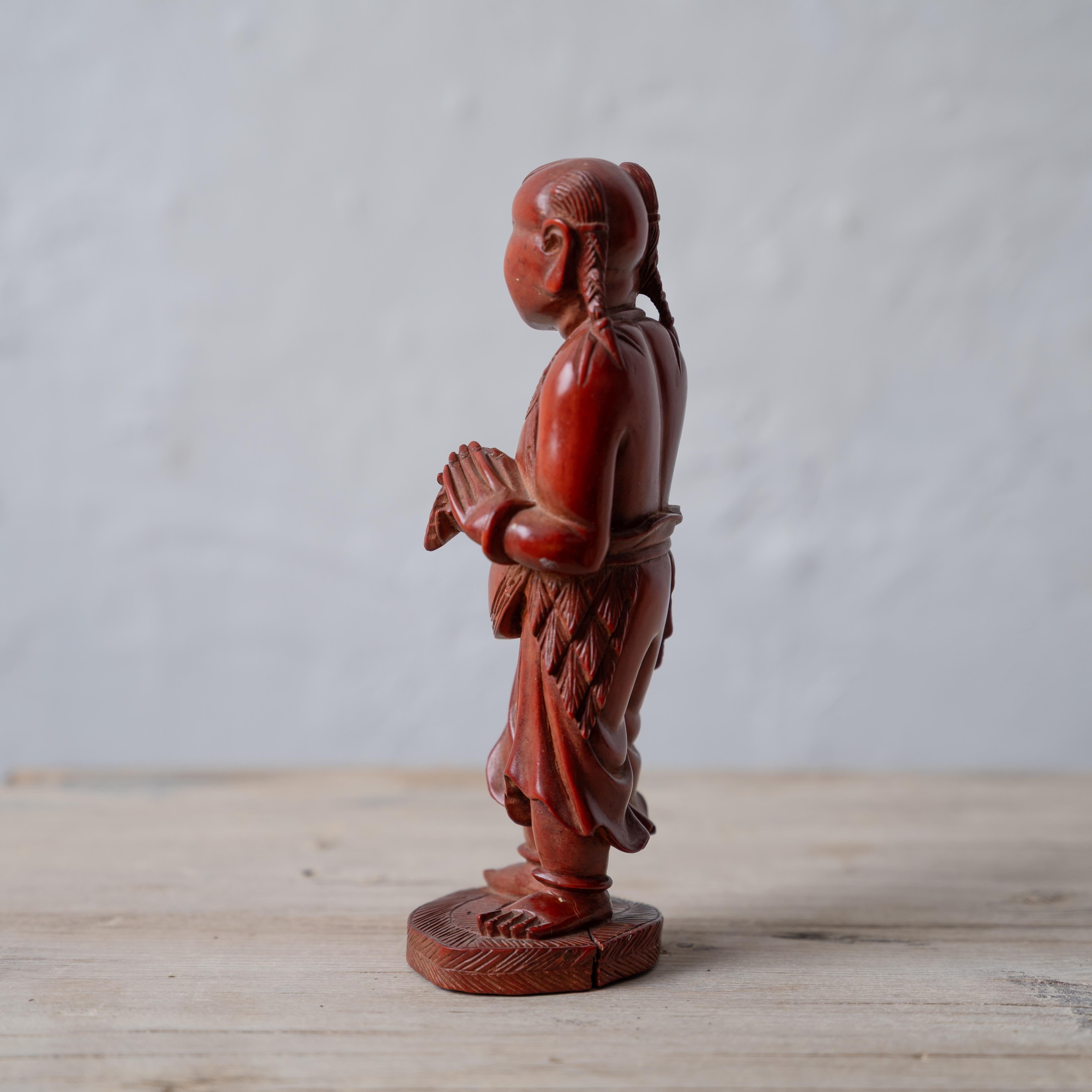 Wood Japanese Okimono Man Petting Bat For Sale