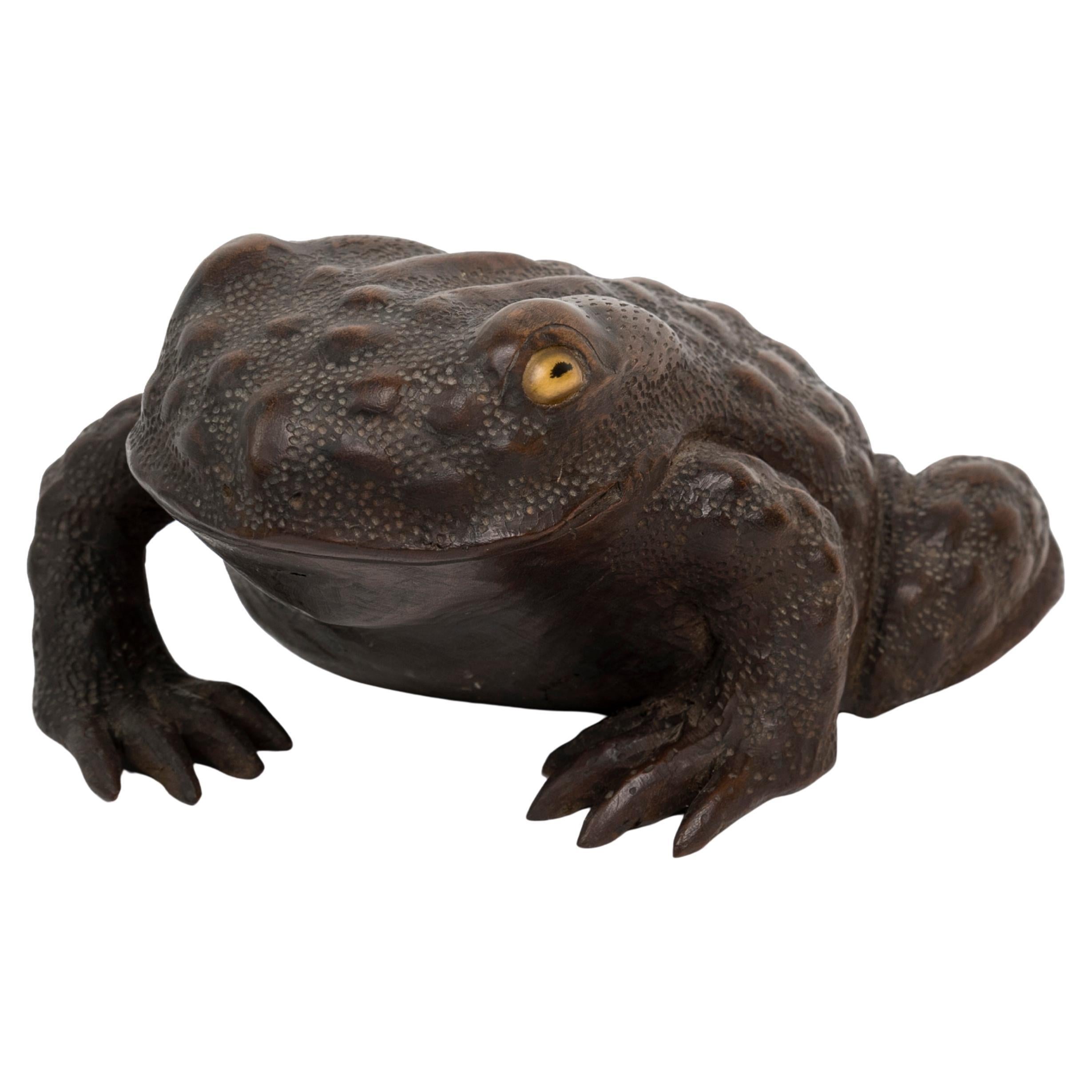 Japanese Okimono of a Wooden Toad with its eyes inlaid