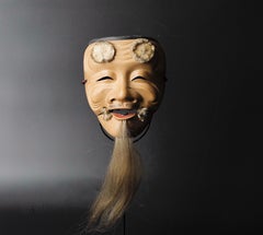 Japanese Okina Noh Mask Old Male with Long White Beard Expressing Wisdom