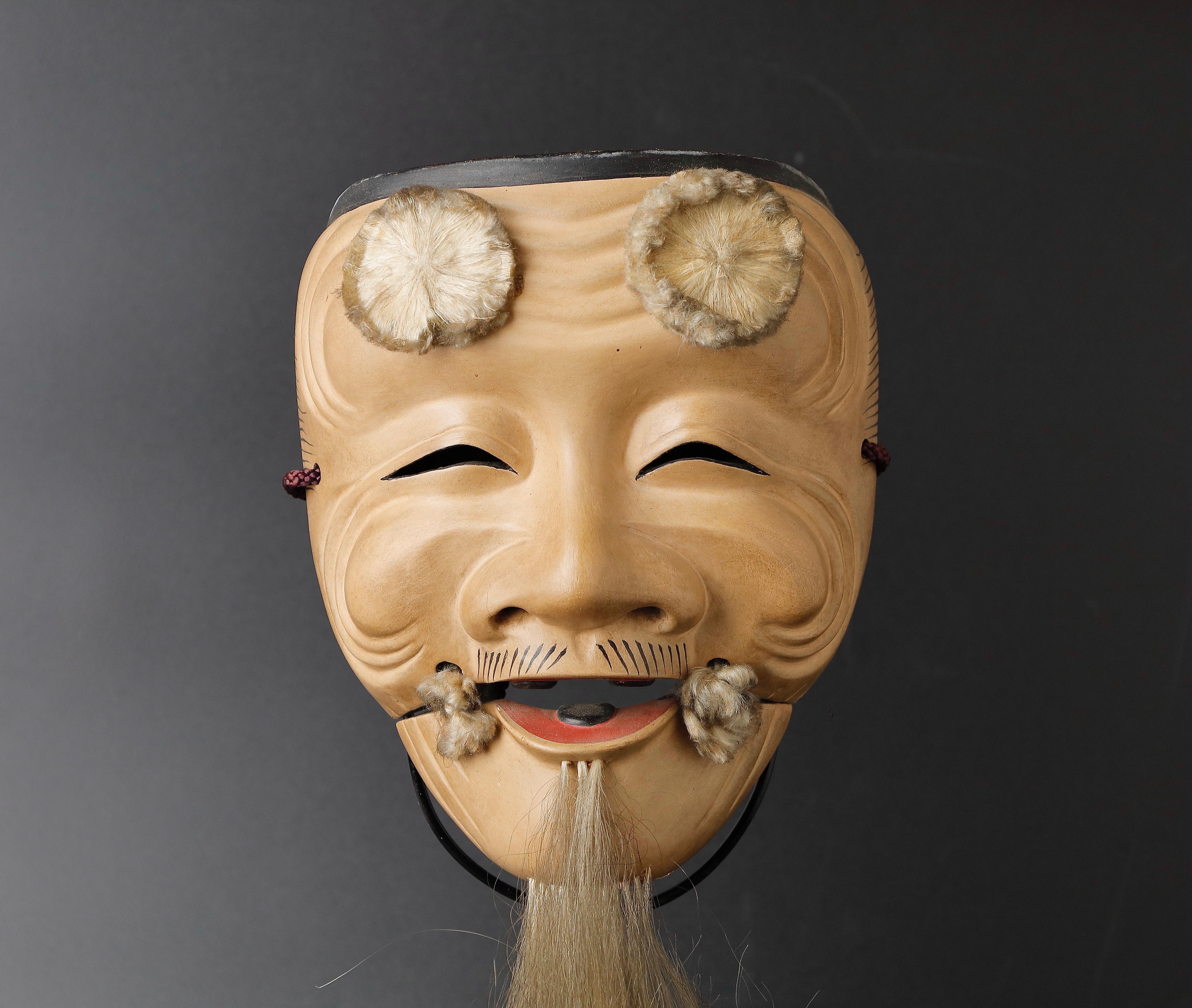 Showa Japanese Okina Noh Mask Old Male with Long White Beard Expressing Wisdom For Sale