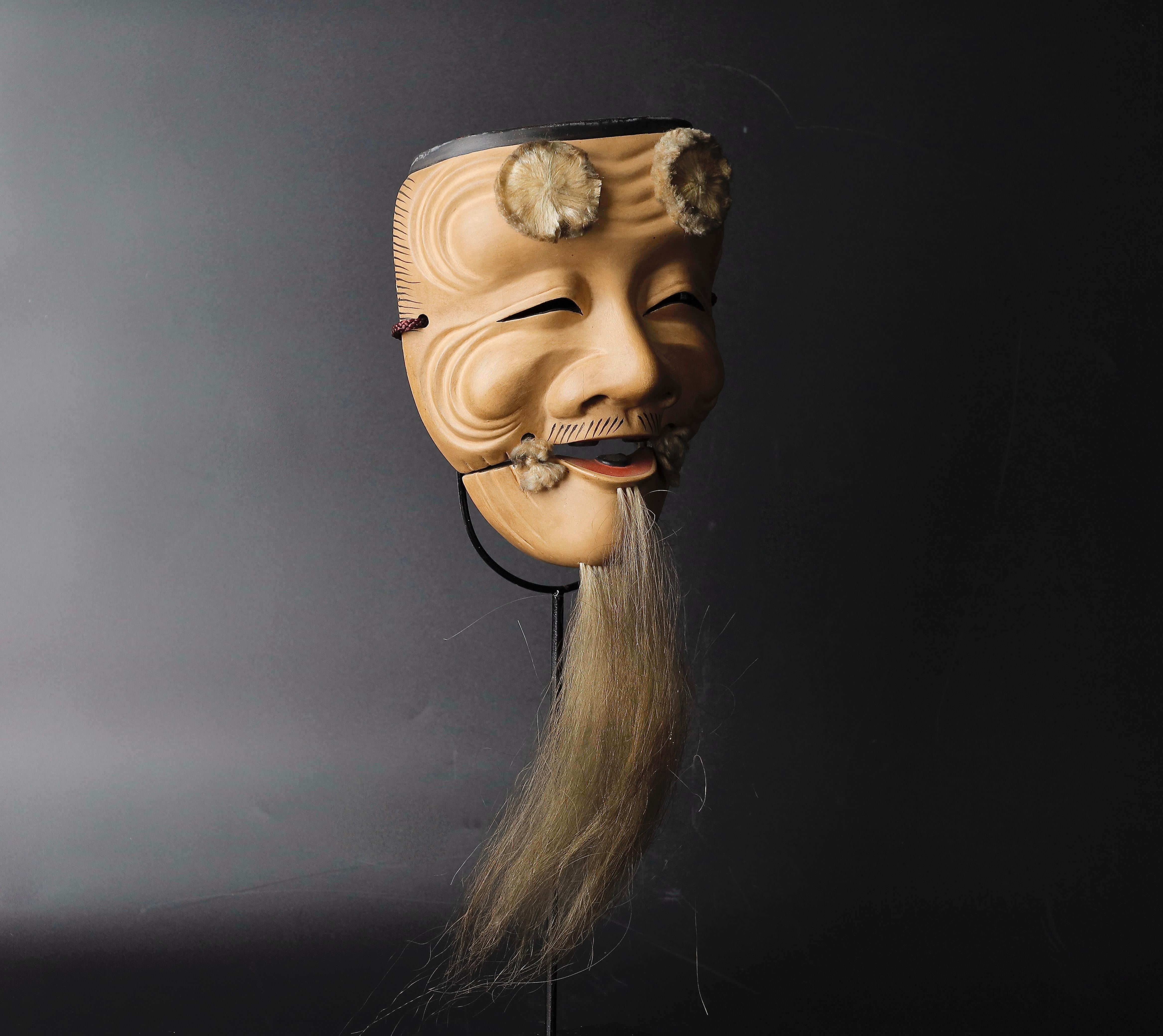 20th Century Japanese Okina Noh Mask Old Male with Long White Beard Expressing Wisdom For Sale