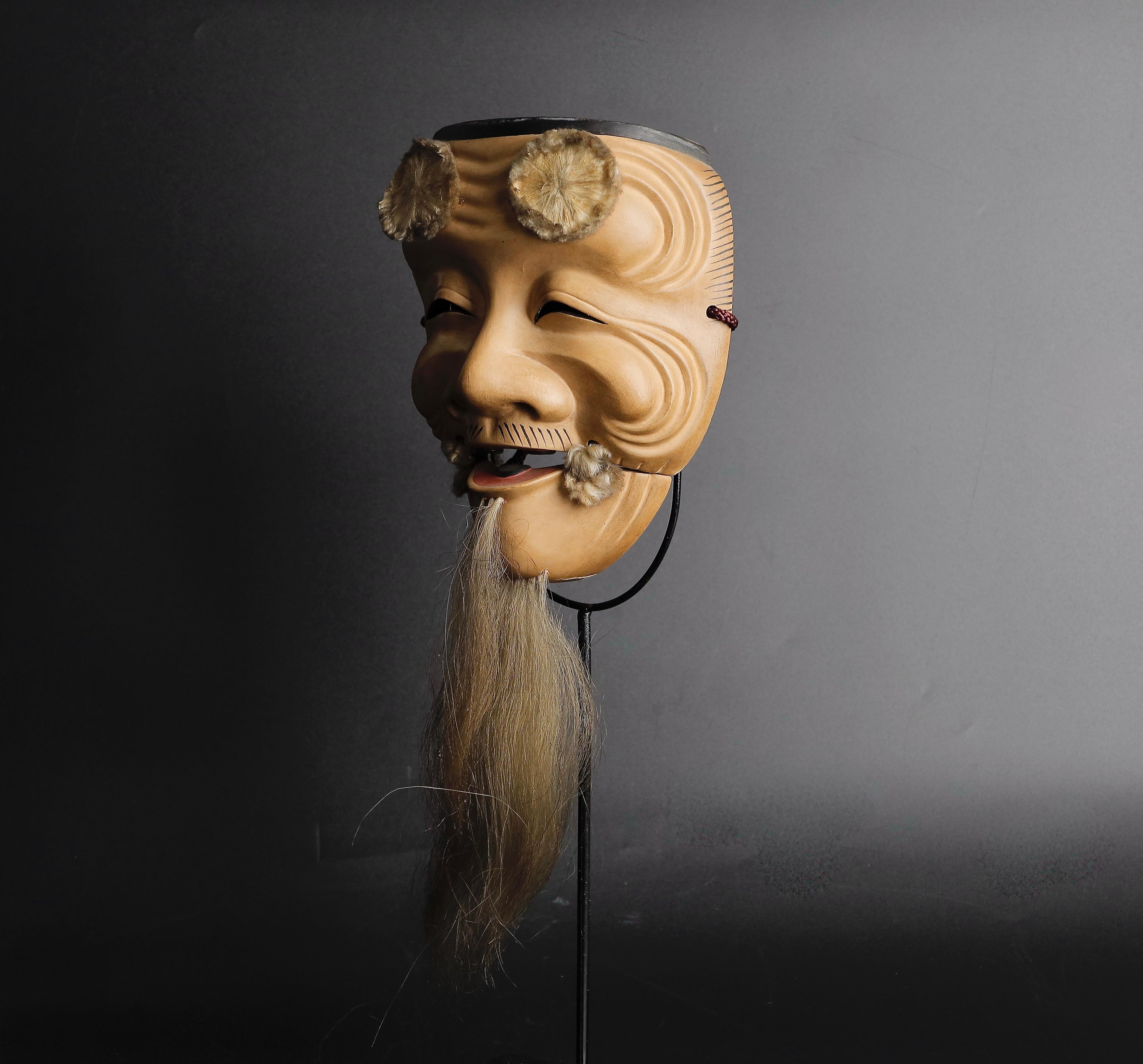 Wood Japanese Okina Noh Mask Old Male with Long White Beard Expressing Wisdom For Sale