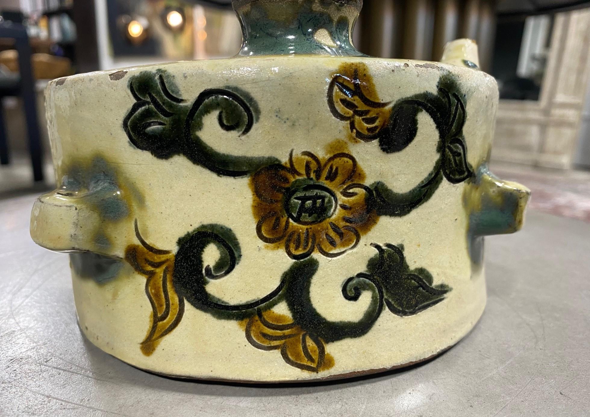 Japanese Okinawa Ceramic Showa Period Awamori Sake Pottery Dachibin Hip Flask For Sale 5