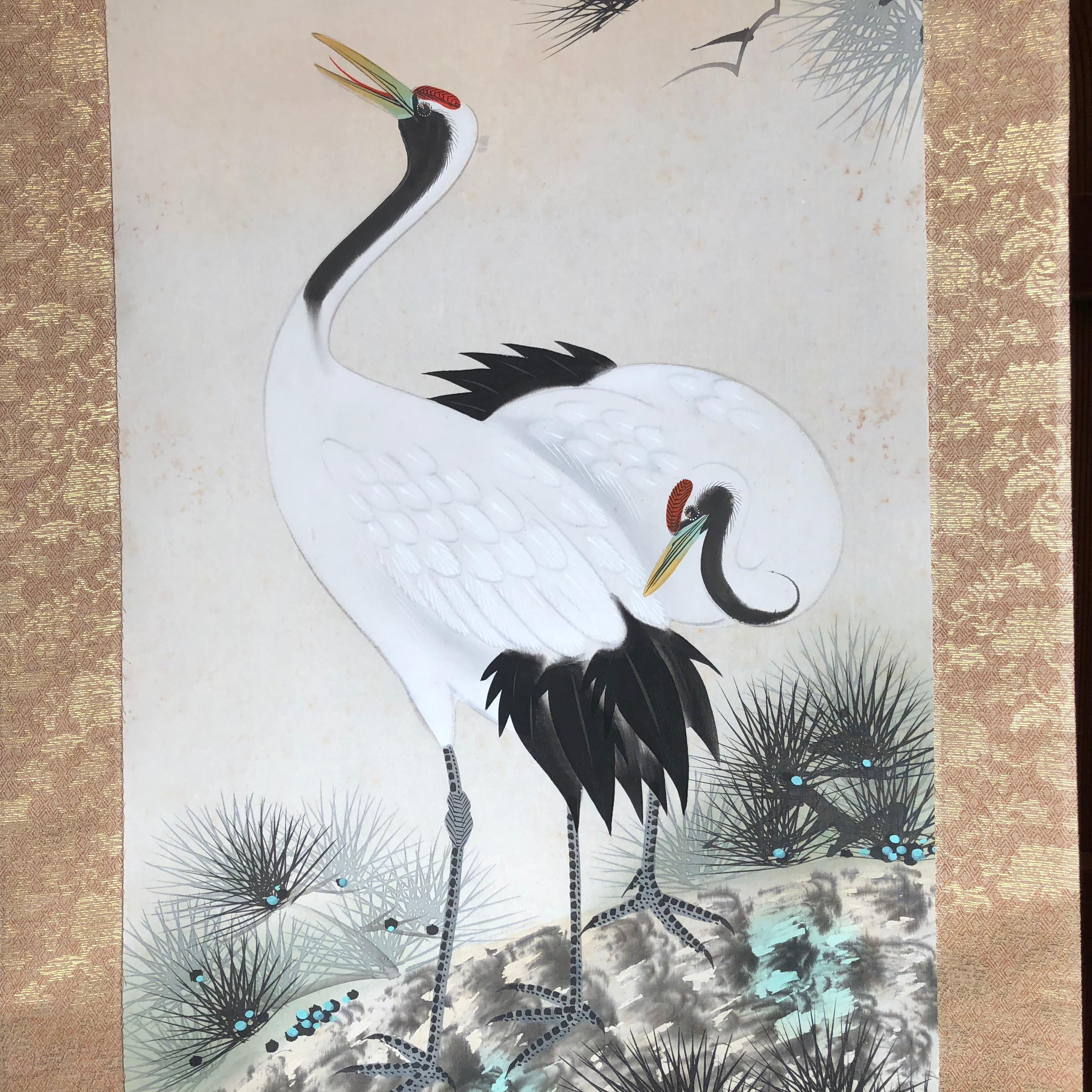 Showa Japanese Old and Bold Hand-Painted Brilliant Cranes & Sun Silk Scroll, Wood Box