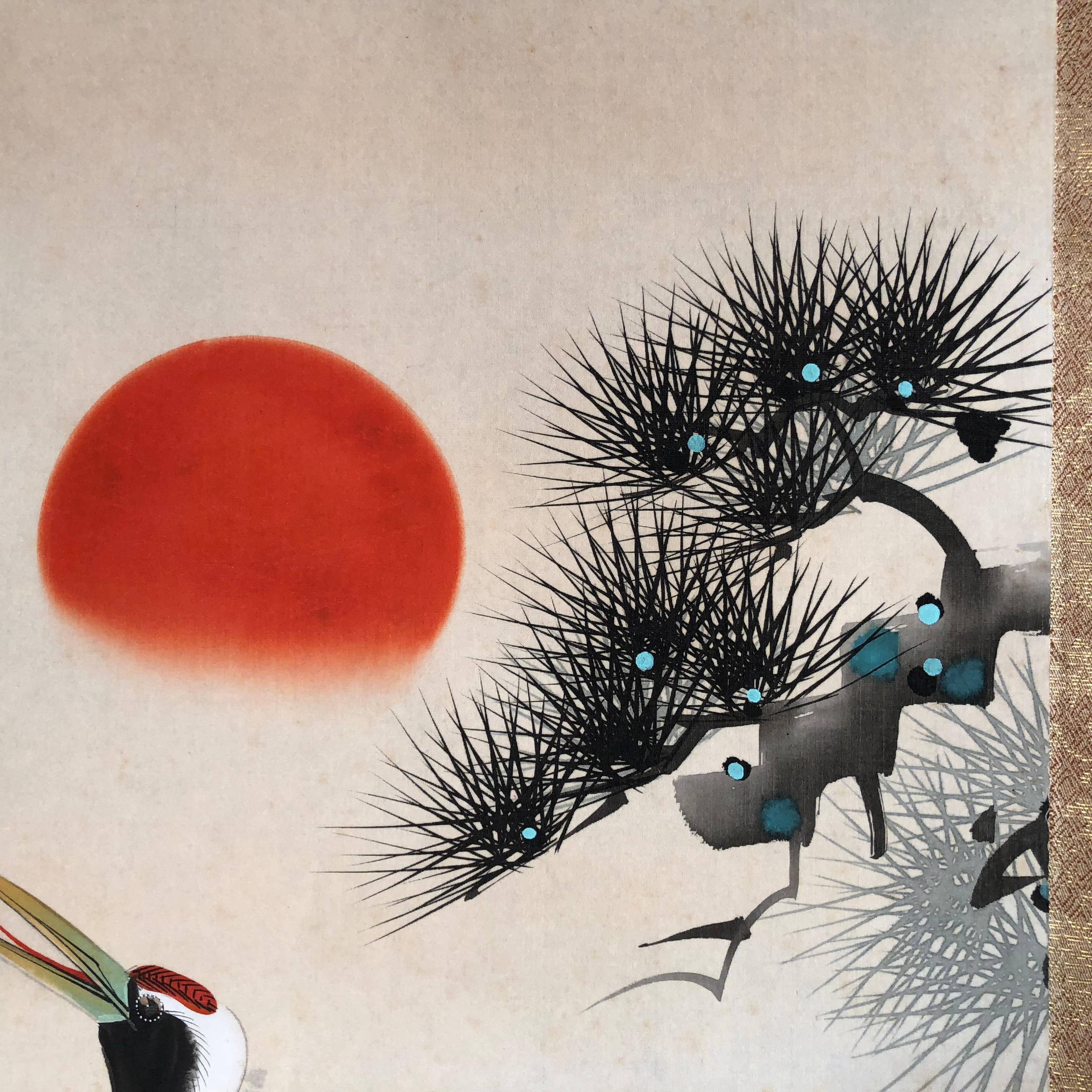 20th Century Japanese Old and Bold Hand-Painted Brilliant Cranes & Sun Silk Scroll, Wood Box